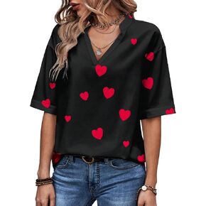 Floerns Women's Heart Print Notched Neck Short Sleeve Drop Shoulder Blouse Top
