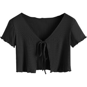 SweatyRocks Women's Tie Up Crop Top Short Sleeve Ribbed Knit Open Front Cropped Shirts