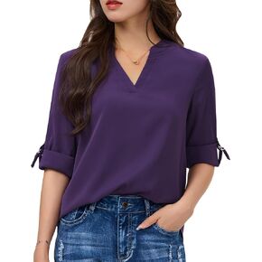 roswear Women's Dressy Casual Chiffon Blouses Long Sleeve Work Shirts 3/4 Length Sleeve V Neck Tops