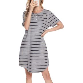 Vlazom Women’s Nightgowns Soft Cotton Stripe Nightdress Short Sleeve Night Shirt Sleepwear with Pockets S-XXL
