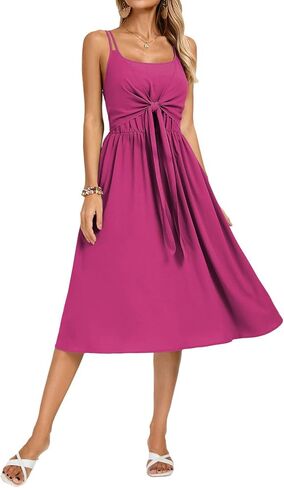 Kate Kasin Women Summer Spaghetti Strap Midi Dress with Pockets Square Neck Tie Front Smocked Back Casual Boho Beach Sundress in Saudi Arabia