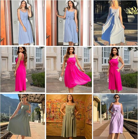 Kate Kasin Women Summer Spaghetti Strap Midi Dress with Pockets Square Neck Tie Front Smocked Back Casual Boho Beach Sundress in Saudi Arabia