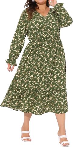 Agnes Orinda Plus Size Dress for Women Boho Floral Print V Neck Long Sleeve Ruffle Hem Long Maxi Dresses Casual Vacation in Kuwait