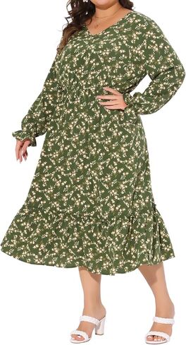 Agnes Orinda Plus Size Dress for Women Boho Floral Print V Neck Long Sleeve Ruffle Hem Long Maxi Dresses Casual Vacation in Kuwait