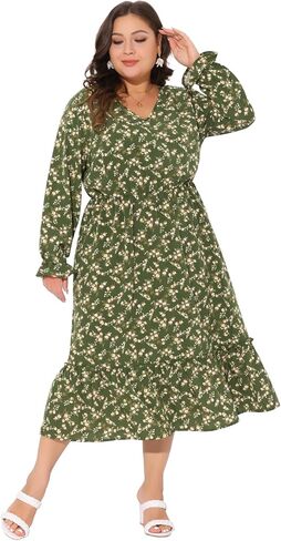Agnes Orinda Plus Size Dress for Women Boho Floral Print V Neck Long Sleeve Ruffle Hem Long Maxi Dresses Casual Vacation in Kuwait