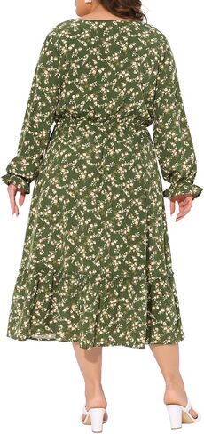 Agnes Orinda Plus Size Dress for Women Boho Floral Print V Neck Long Sleeve Ruffle Hem Long Maxi Dresses Casual Vacation in Kuwait