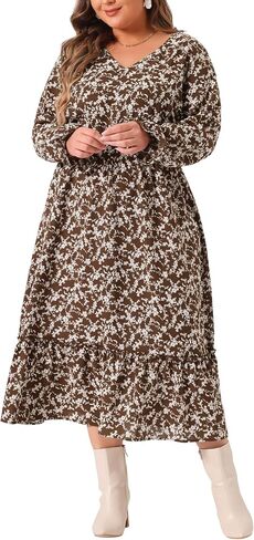 Agnes Orinda Plus Size Dress for Women Boho Floral Print V Neck Long Sleeve Ruffle Hem Long Maxi Dresses Casual Vacation in Kuwait