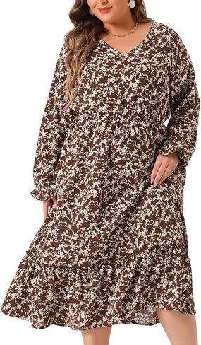 Agnes Orinda Plus Size Dress for Women Boho Floral Print V Neck Long Sleeve Ruffle Hem Long Maxi Dresses Casual Vacation in Kuwait
