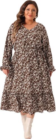 Agnes Orinda Plus Size Dress for Women Boho Floral Print V Neck Long Sleeve Ruffle Hem Long Maxi Dresses Casual Vacation in Kuwait