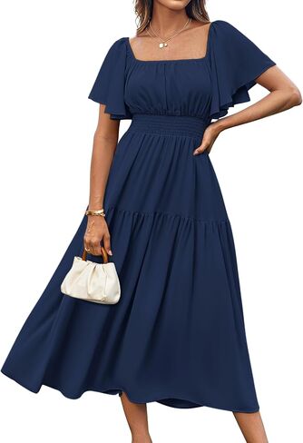 GRACE KARIN Women's Summer Short Sleeve Square Neck Smocked Waist Casual Vacation Tiered Flowy Maxi Dress in Saudi Arabia
