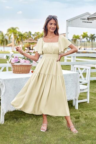 GRACE KARIN Women's Summer Short Sleeve Square Neck Smocked Waist Casual Vacation Tiered Flowy Maxi Dress in Saudi Arabia