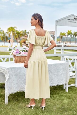 GRACE KARIN Women's Summer Short Sleeve Square Neck Smocked Waist Casual Vacation Tiered Flowy Maxi Dress in Saudi Arabia