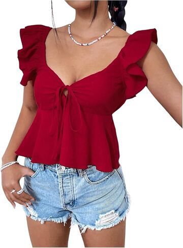 WDIRARA Women's Sweetheart Neck Tie Front Ruffle Cap Sleeve Peplum Top Flared Hem Blouse in Saudi Arabia