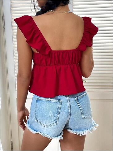 WDIRARA Women's Sweetheart Neck Tie Front Ruffle Cap Sleeve Peplum Top Flared Hem Blouse in Saudi Arabia