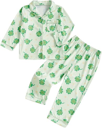 Toddler Boy Girl St Patricks Day Pajamas Set Cute Button Down Shamrock Print Shirt Long Pants Kids Sleepwear in Kuwait