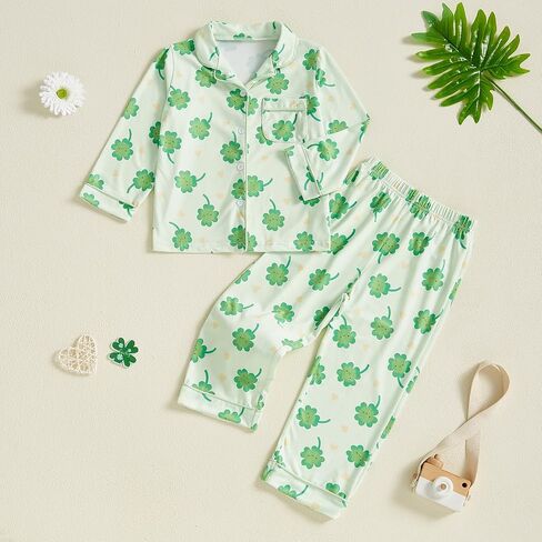 Toddler Boy Girl St Patricks Day Pajamas Set Cute Button Down Shamrock Print Shirt Long Pants Kids Sleepwear in Kuwait