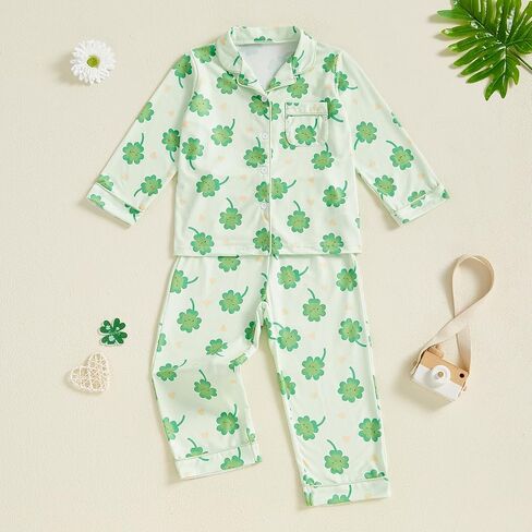 Toddler Boy Girl St Patricks Day Pajamas Set Cute Button Down Shamrock Print Shirt Long Pants Kids Sleepwear in Kuwait