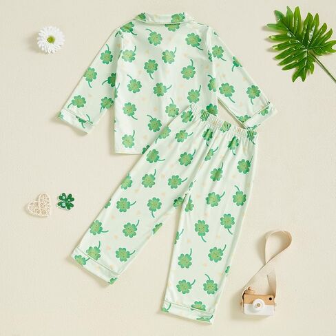 Toddler Boy Girl St Patricks Day Pajamas Set Cute Button Down Shamrock Print Shirt Long Pants Kids Sleepwear in Kuwait