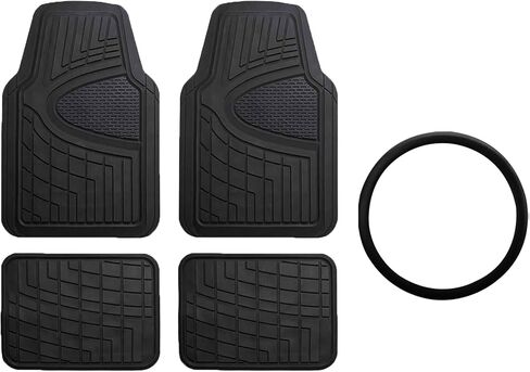 FH GROUP Car Seat Covers Premium Tall Channel Rubber Trimmable Floor Mats w. FH3001 Snake Pattern Silicone Steering Wheel Cover- Universal Fit for Trucks, SUVs, and Vans (Red/Black) F11311 in Saudi Arabia