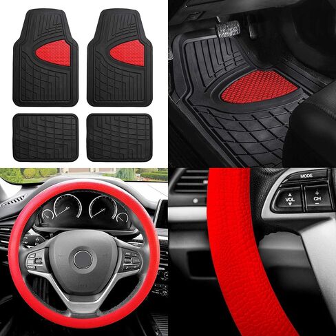 FH GROUP Car Seat Covers Premium Tall Channel Rubber Trimmable Floor Mats w. FH3001 Snake Pattern Silicone Steering Wheel Cover- Universal Fit for Trucks, SUVs, and Vans (Red/Black) F11311 in Saudi Arabia