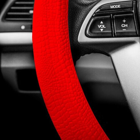 FH GROUP Car Seat Covers Premium Tall Channel Rubber Trimmable Floor Mats w. FH3001 Snake Pattern Silicone Steering Wheel Cover- Universal Fit for Trucks, SUVs, and Vans (Red/Black) F11311 in Saudi Arabia