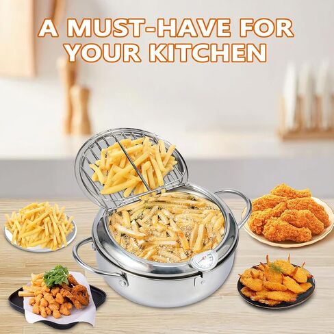 9.76 inches 3.4L 304 Stainless Steel Deep Fryer Pot,Janpanese Style Tempura Frying Pot with Strainer Basket and Thermometer,Deep Frying Oil Container with Handle for Frying Fish Shrimp Chicken in Kuwait