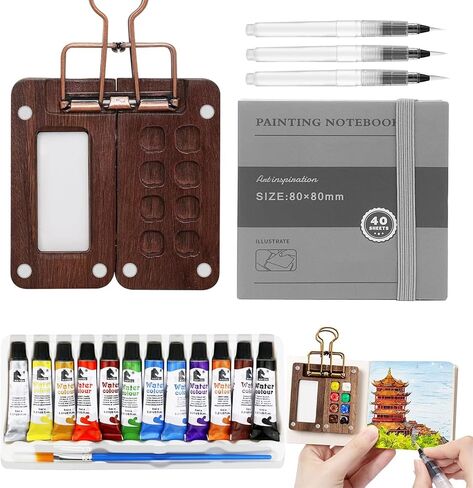 Mini Portable Watercolor Palette Set 7PCS Travel Wooden Watercolor Kit with 3 Brushes, 12 Colors, Wooden Color Palette Box, Clip & Painting Book, Watercolor Paint Set for Beginners & Professional in Saudi Arabia