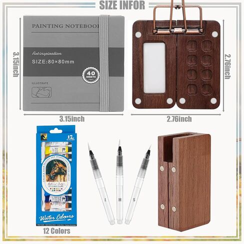 Mini Portable Watercolor Palette Set 7PCS Travel Wooden Watercolor Kit with 3 Brushes, 12 Colors, Wooden Color Palette Box, Clip & Painting Book, Watercolor Paint Set for Beginners & Professional in Saudi Arabia