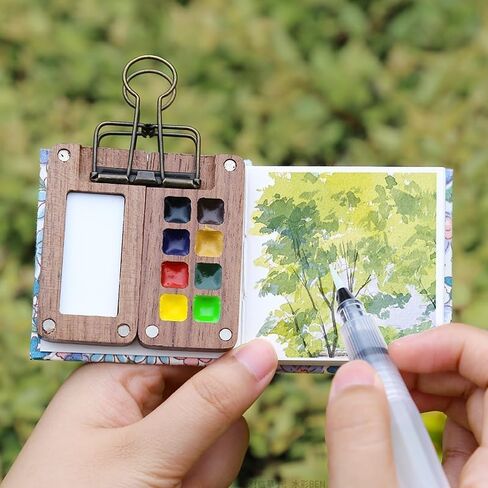 Mini Portable Watercolor Palette Set 7PCS Travel Wooden Watercolor Kit with 3 Brushes, 12 Colors, Wooden Color Palette Box, Clip & Painting Book, Watercolor Paint Set for Beginners & Professional in Saudi Arabia