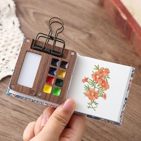 Mini Portable Watercolor Palette Set 7PCS Travel Wooden Watercolor Kit with 3 Brushes, 12 Colors, Wooden Color Palette Box, Clip & Painting Book, Watercolor Paint Set for Beginners & Professional in Saudi Arabia