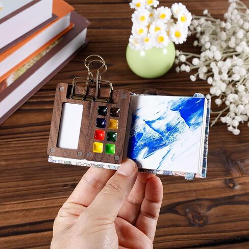 Mini Portable Watercolor Palette Set 7PCS Travel Wooden Watercolor Kit with 3 Brushes, 12 Colors, Wooden Color Palette Box, Clip & Painting Book, Watercolor Paint Set for Beginners & Professional in Saudi Arabia