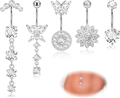 REVOLIA 5Pcs 14G Belly Button Ring for Women Dangling Belly Rings Curved Navel Ring Flower Butterfly Body Piercing Jewelry in Saudi Arabia