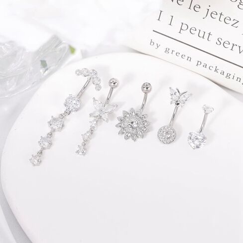 REVOLIA 5Pcs 14G Belly Button Ring for Women Dangling Belly Rings Curved Navel Ring Flower Butterfly Body Piercing Jewelry in Saudi Arabia