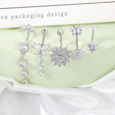 REVOLIA 5Pcs 14G Belly Button Ring for Women Dangling Belly Rings Curved Navel Ring Flower Butterfly Body Piercing Jewelry in Saudi Arabia