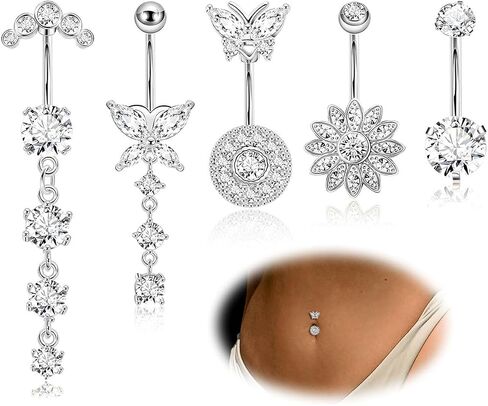 REVOLIA 5Pcs 14G Belly Button Ring for Women Dangling Belly Rings Curved Navel Ring Flower Butterfly Body Piercing Jewelry in Saudi Arabia