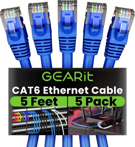 GearIT RJ45 Cat 6 Ethernet Patch Cable (5-Pack) for TV, Modem, PC Gaming, 10Gbps, Gold-Plated Connectors, Snagless, Network Cable, Internet Cable, 5 Feet, Blue in Saudi Arabia