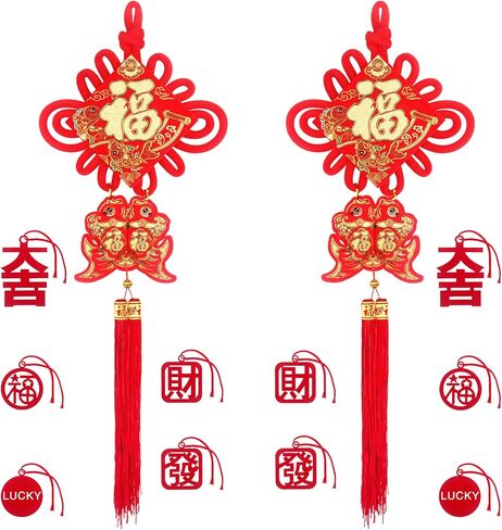 Chinese New Year Decoration Red Chinese Knotting Cord Chinese Fu Character 3D Twin Fish Charm Tassel Lucky Felt Hanging Ornament for Lunar Year Snake 2025 Spring Festival Party Decor 29 * 10in 12 PCS in Saudi Arabia