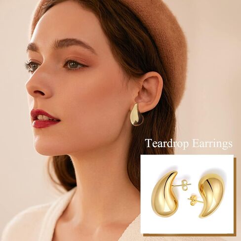 Chunky Gold Hoop Earrings for Women, Lightweight Teardrop Hoops Earrings with 18K Real Gold Plated, Hypoallergenic Earrings Waterdrop Hollow Open Jewelry for Women in Kuwait