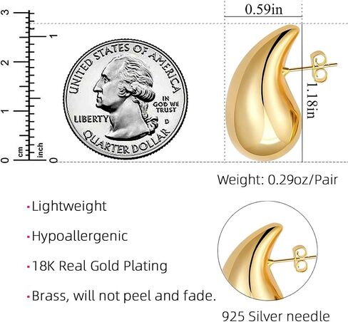 Chunky Gold Hoop Earrings for Women, Lightweight Teardrop Hoops Earrings with 18K Real Gold Plated, Hypoallergenic Earrings Waterdrop Hollow Open Jewelry for Women in Kuwait