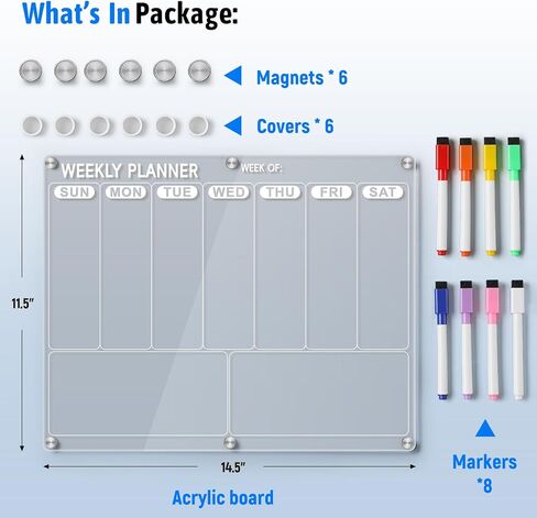 Acrylic Fridge Calendar, Magnetic Calendar for Refrigerator, Clear Monthly Planner with 8 Color Markers, Planning Board for Events/Business Meetings/Shopping Lists, Dry Erase Calendar-14.5 * 11.5'' in Saudi Arabia