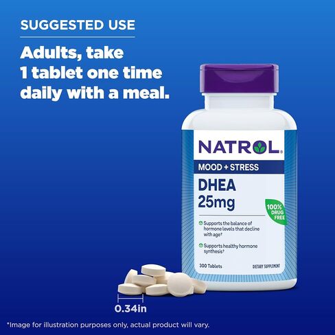 Natrol Mood & Stress DHEA 25mg With Calcium, Dietary Supplement for Balance of Certain Hormone Level and Mood Support, 300 Tablets, 300 Day Supply in Saudi Arabia