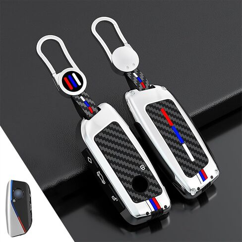 Heavy Metal Key Fob Cover, Compatible with BMW 2023~up X1 X5 X6 X7 XM IX3 IX I5 I7 740i 760i 5/7 Series etc, Zinc Alloy Fob Case with Carbon Fiber Pattern, Silver (1 Pcs) in Saudi Arabia