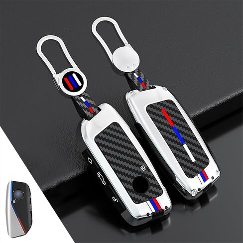 Heavy Metal Key Fob Cover, Compatible with BMW 2023~up X1 X5 X6 X7 XM IX3 IX I5 I7 740i 760i 5/7 Series etc, Zinc Alloy Fob Case with Carbon Fiber Pattern, Silver (1 Pcs) in Saudi Arabia