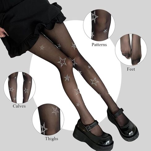 Star Tights,Star Rhinestone Print Star Tights for Women,Kawaii Y2K Black Star Tights Ideal for Parties & Goth Events,Tights with Stars for Women and Teen Girls,Cute Pantyhose in Saudi Arabia