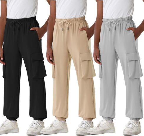 EXARUS 3 Pack Boys Cargo Joggers Pants Lightweight Drawstring Elastic Waist Quick Dry Athletic Hiking 6-14Y in Kuwait