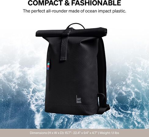GOT BAG - حقيبة ظهر صغيرة من ROLLTOP، حقيبة ظهر للعمل والسفر مع حامل زجاجة مياه، حقيبة صديقة للبيئة مصنوعة من بلاستيك Ocean Impact المعاد تدويره (لون ناعم) in Saudi Arabia