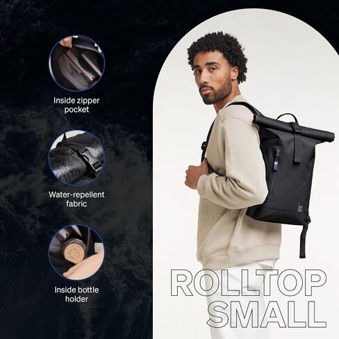 GOT BAG - حقيبة ظهر صغيرة من ROLLTOP، حقيبة ظهر للعمل والسفر مع حامل زجاجة مياه، حقيبة صديقة للبيئة مصنوعة من بلاستيك Ocean Impact المعاد تدويره (لون ناعم) in Saudi Arabia