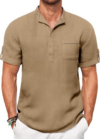 قمصان COOFANDY Henley للرجال بأكمام قصيرة وياقة شريطية قميص غير رسمي صيفي هيبي لقضاء العطلات على الشاطئ تي شيرت مع جيب in Kuwait