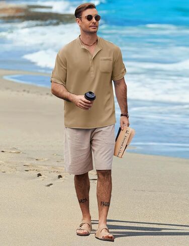 قمصان COOFANDY Henley للرجال بأكمام قصيرة وياقة شريطية قميص غير رسمي صيفي هيبي لقضاء العطلات على الشاطئ تي شيرت مع جيب in Kuwait