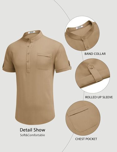 قمصان COOFANDY Henley للرجال بأكمام قصيرة وياقة شريطية قميص غير رسمي صيفي هيبي لقضاء العطلات على الشاطئ تي شيرت مع جيب in Kuwait